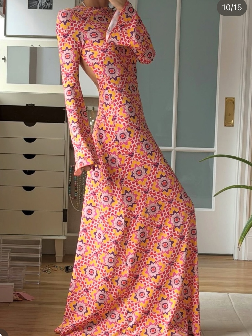 Anthropologie Pink & Yellow Floral Cutout Maxi Dress